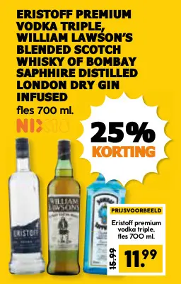 Aanbieding: Eristoff premium vodka triple, William Lawson's Blended Scotch Whisky of Bombay Sapphire Distilled London Dry Gin Infused