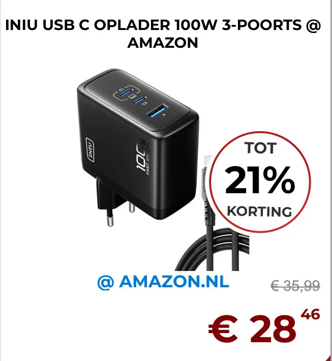 Aanbieding: INIU USB C OPLADER 100W 3-POORTS @ AMAZON
