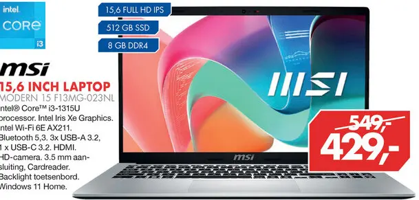 Aanbieding: Msi 15,6 inch laptop modern 15 f13mg-023nl