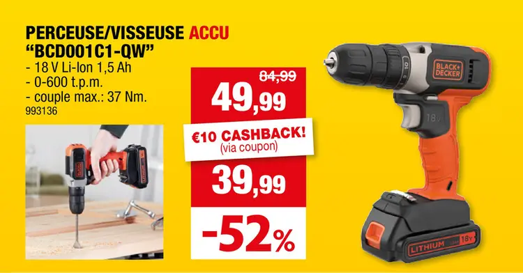 Offre: Black+Decker BCD001C1-QW perceuse-visseuse sans fil 18V Li-Ion + chargeur