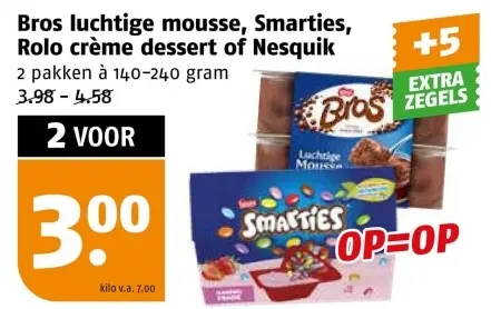 Aanbieding: Bros luchtige mousse, Smarties, Rolo crème dessert of Nesquik