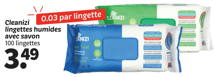 Offre: Cleanizi lingettes humides avec savon