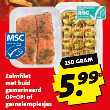 Aanbieding: Zalmfilet met huid gemarineerd OP=OP! of garnalenspiesjes