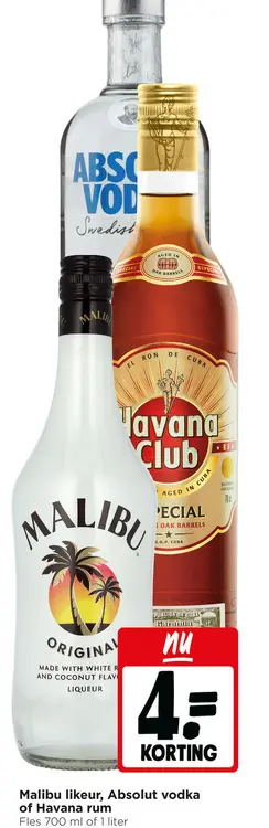 Aanbieding: Malibu likeur, Absolut vodka of Havana rum
