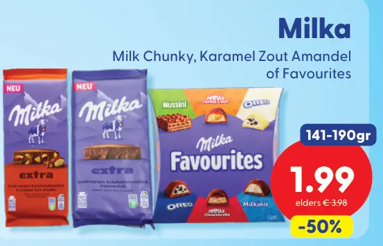Aanbieding: Milka Chunky, Karamel Zout Amandel of Favouri