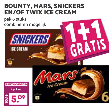 Aanbieding: Bounty, Mars, Snickers en/of Twix ice cream