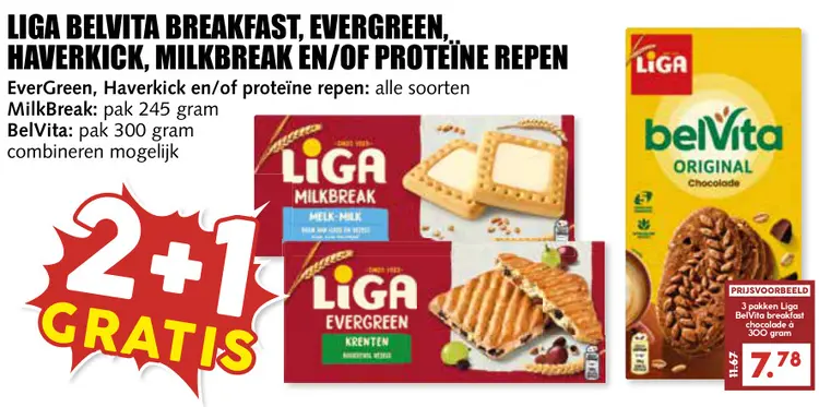 Aanbieding: Belvita breakfast, evergreen, haverkick, milkbreak en/of proteïne repen