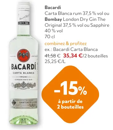 Offre: Bacardi Carta Blanca rum ou Bombay London Dry