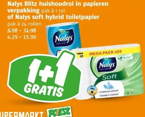 Aanbieding: Nalys Blitz huishoudrol in papieren verpakking of Nalys soft hybrid toiletpapier
