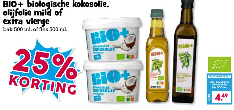 Aanbieding: BIO+ biologische kokosolie, olijfolie mild of extra vierge