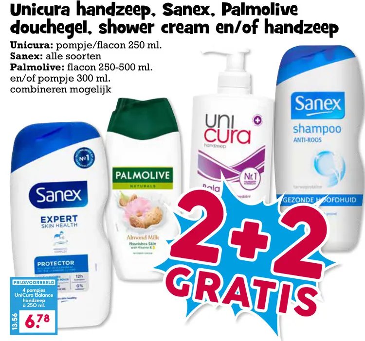 Aanbieding: Unicura handzeep, Sanex, Palmolive douchegel, shower cream en/of handzeep