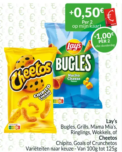 Promotie: Bugles, Grills, Mama Mia's, Ringlings, Wokkels of Cheetos