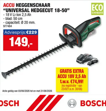 Promotie: Bosch UniversalHedgeCut 18V-50 accu heggenschaar 18V Li-Ion 50cm + lader