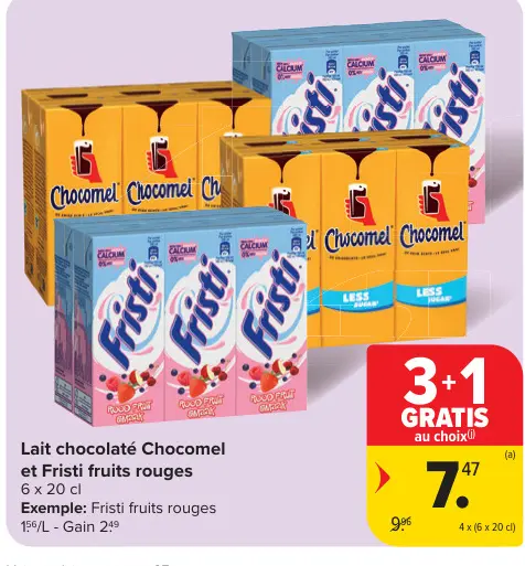 Offre: Lait chocolaté Chocomel et Fristi fruits rouges