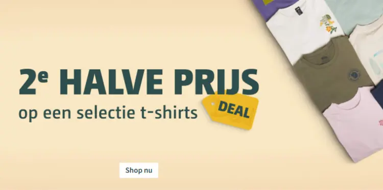 Aanbieding: t-shirts 2e halve prijs
