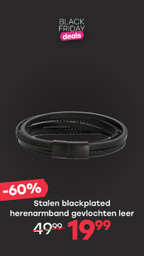 Aanbieding: Stalen blackplated herenarmband gevlochten leer