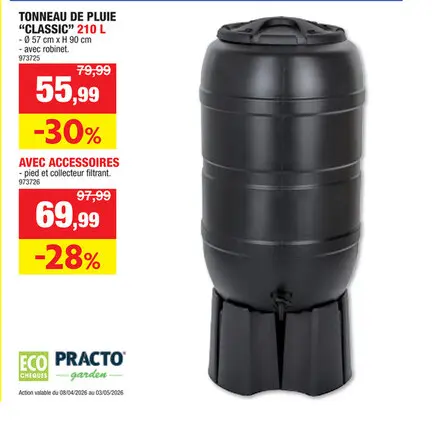 Offre: Practo Garden Classic tonneau de pluie 210l noir + robinet