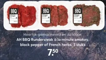 Aanbieding: AH BBQ Rundersteak a la minute smokey, black pepper of French herbs, 3 stuks