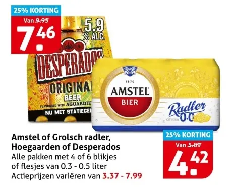 Aanbieding: Amstel of Grolsch radler, Hoegaarden of Desperados
