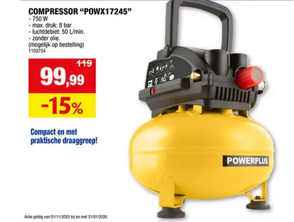 Promotie: Powerplus POWX17245 Pancake compressor 750W 11l olievrij