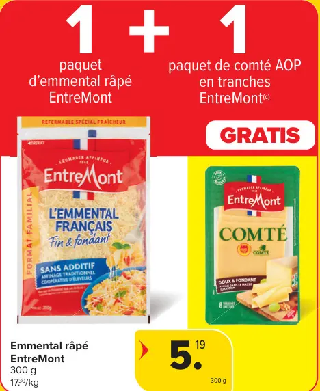 Offre: Emmental râpé et Comté AOP + gratuit tranches