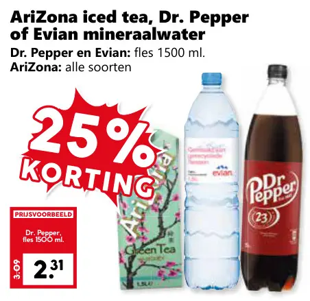 Aanbieding: Arizona iced tea, Dr. Pepper of Evian mineraalwater
