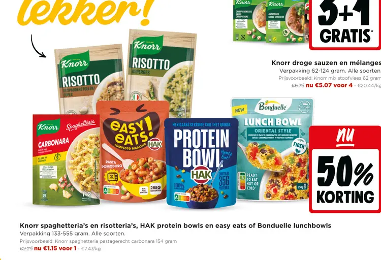 Promotie: Knorr spaghetteria's en risotteria's, HAK protein bowls en easy eats of Bonduelle lunchbowls