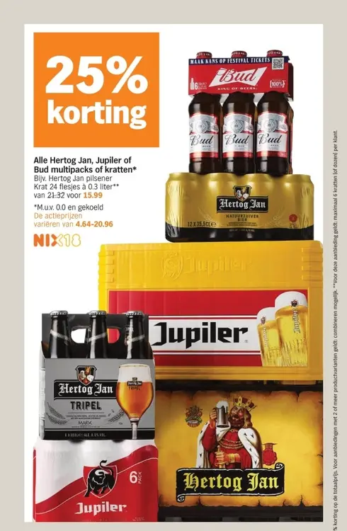 Aanbieding: Hertog Jan, Jupiler or Bud multipacks or krat