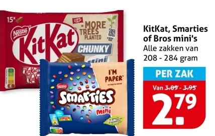 Aanbieding: KitKat, Smarties of Bros mini's