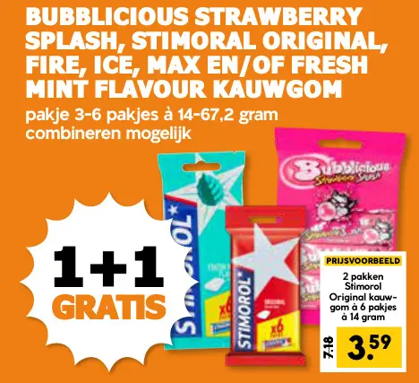 Aanbieding: Bubblicious strawberry splash, original, fire, ice, max en/of fresh mint flavour kauwgom