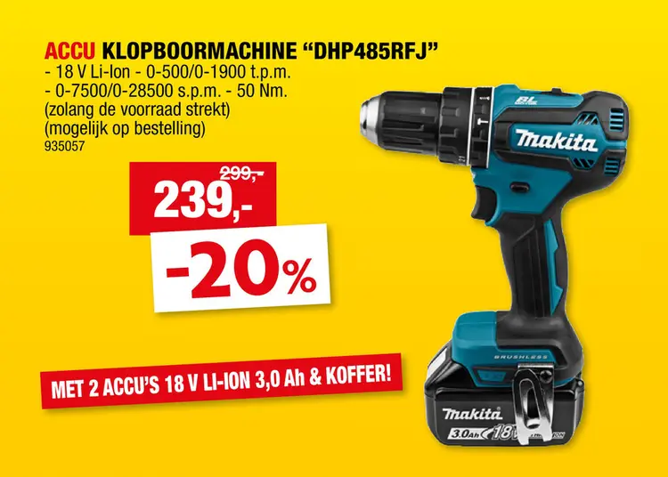 Promotie: Makita DHP485RFJ accu klopboorschroefmachine 18V Li-Ion + 2 accu's + lader