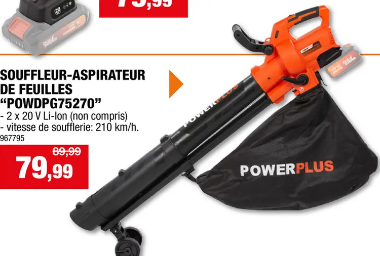 Offre: Powerplus Dual Power POWDPG75270 souffleur-aspirateur de feuilles sans fil 2x20 V batterie non comprise