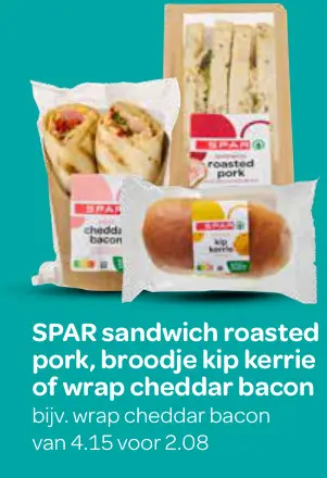 Aanbieding: sandwich roasted pork, broodje kip kerrie of wrap cheddar bacon