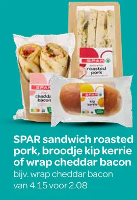 Aanbieding: sandwich roasted pork, broodje kip kerrie of wra[ cheddar bacon
