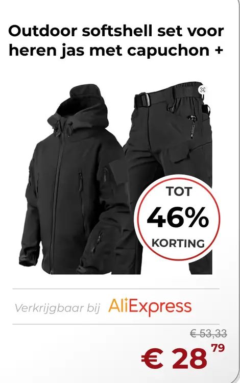 Aanbieding: Outdoor softshell set voor heren jas met capuchon