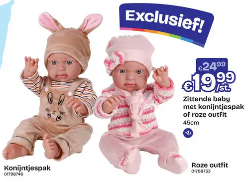 Aanbieding: Zittende baby 45cm met roze outfit en muts