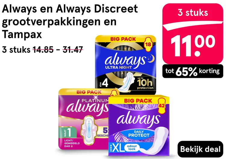 Aanbieding: Always en Always Discreet grootverpakkingen en Tampax