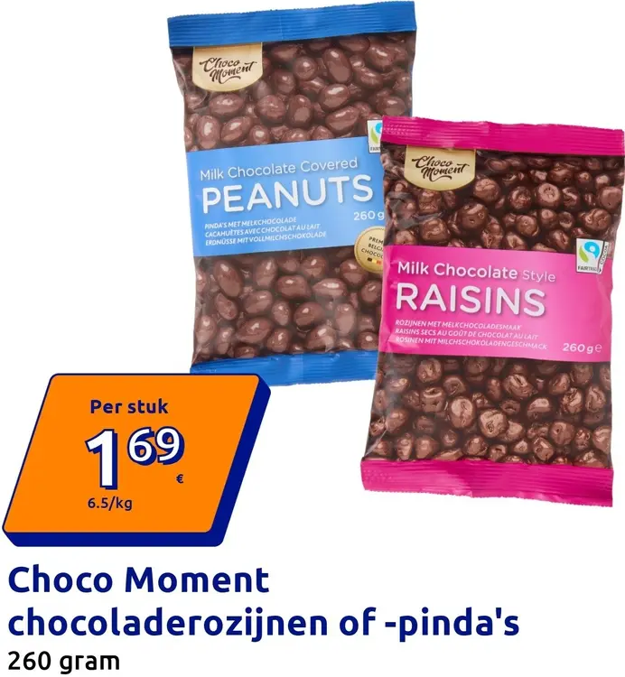 Aanbieding: Choco Moment Chocoladerozijnen of -pinda's