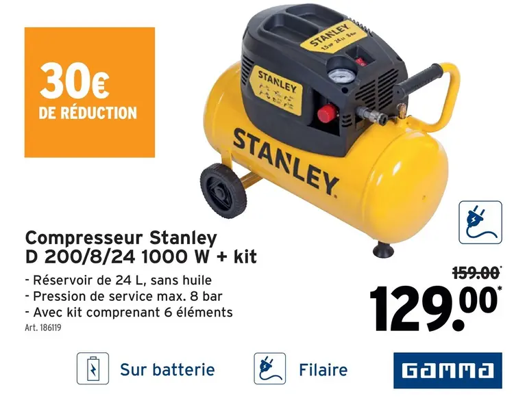 Offre: Compresseur Stanley D 200/8/24 1000 W + kit