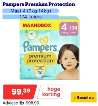 Aanbieding: Pampers Premium Protection - Maat 4 (9kg-14kg) - 174 Luiers - Maandbox