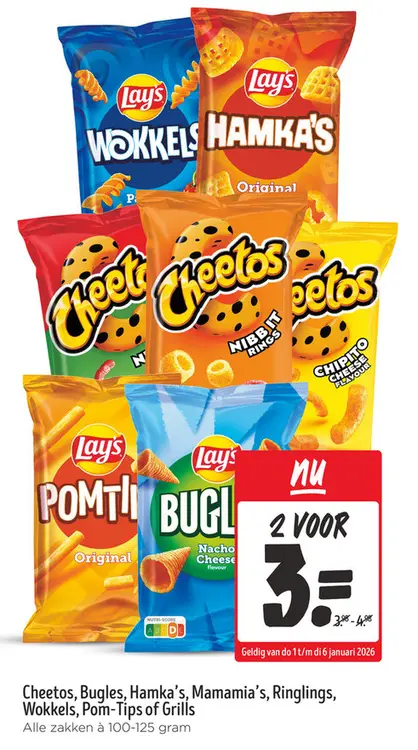 Aanbieding: Cheetos, Bugles, Hamka's, Mamamia's, Ringling