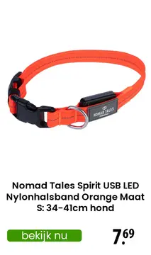 Aanbieding: Nomad Tales Spirit USB LED Nylonhalsband Orange Maat S: 34-41cm hond