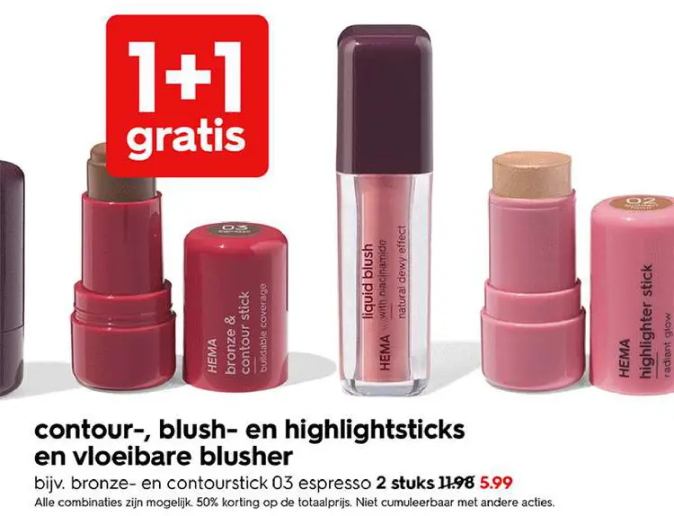 Promotie: Contour-, blush- en highlightsticks en vloeibare blusher