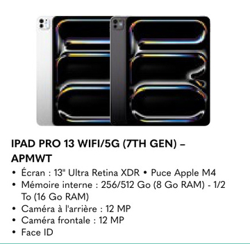 Offre: IPAD PRO 13 WIFI/5G (7TH GEN)