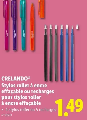 Offre: Stylos roller à encre effaçable ou recharges 