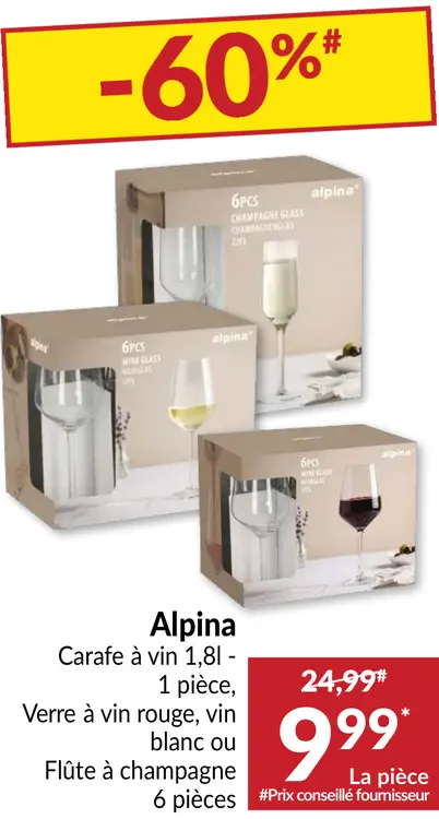 Offre: Alpina Carafe à vin, verre à vin rouge, vin blanc ou flûte à champagne