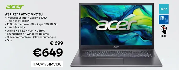Offre: Aspire 17 a17-51m-513u