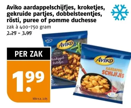 Aanbieding: Aardappelschijfjes, kroketjes, gekruide partjes, dobbelsteentjes, rösti, puree of pomme duchesse
