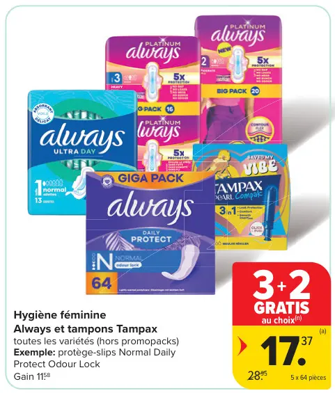 Offre: Hygiène féminine Always et tampons Tampax