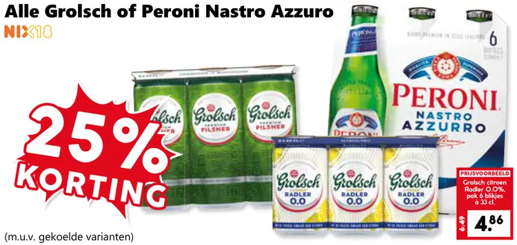 Aanbieding: Alle Grolsch of Peroni Nastro Azzuro